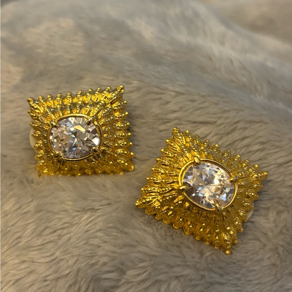 Geometric Gold and Silver Earrings with Crystal Center